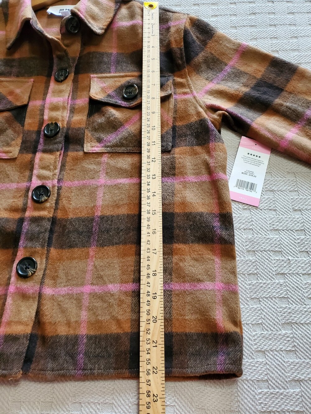 BB Dakota Steve Madden Cashew Plaid Shacket Flannel Boxy Shirt Jacket Brown Pink - Picture 7 of 12